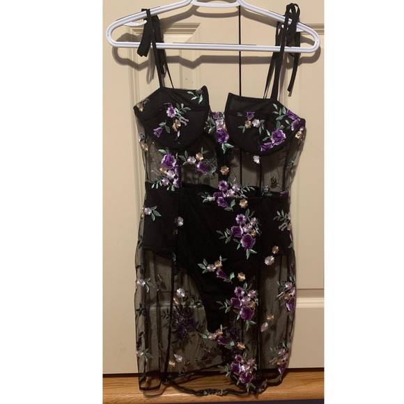 black mesh floral embroidered strappy bodycon dress
